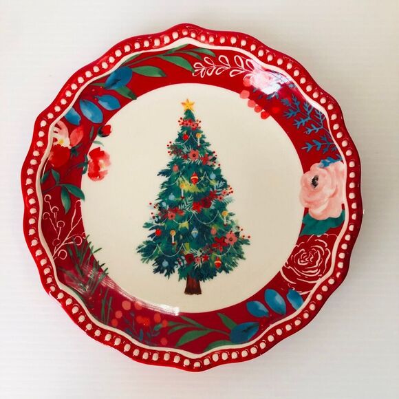 NEW Pioneer Woman Wishful Winter Tree Appetizer Plate Red Christmas Floral - Picture 1 of 3